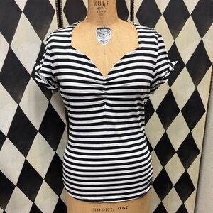 Sourpuss Sweetheart Neckline Striped Cap Sleeve Shirt